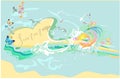 Series of tropical backgrounds. Background with a sandy beach in the form of heart on an island in the ocean with waves and butter